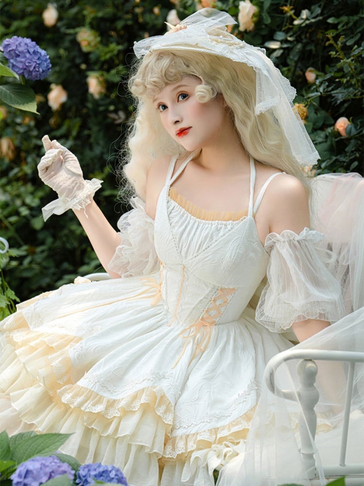 White Halter Neck Ruffle Skirt Corset Waist Jumper Skirt