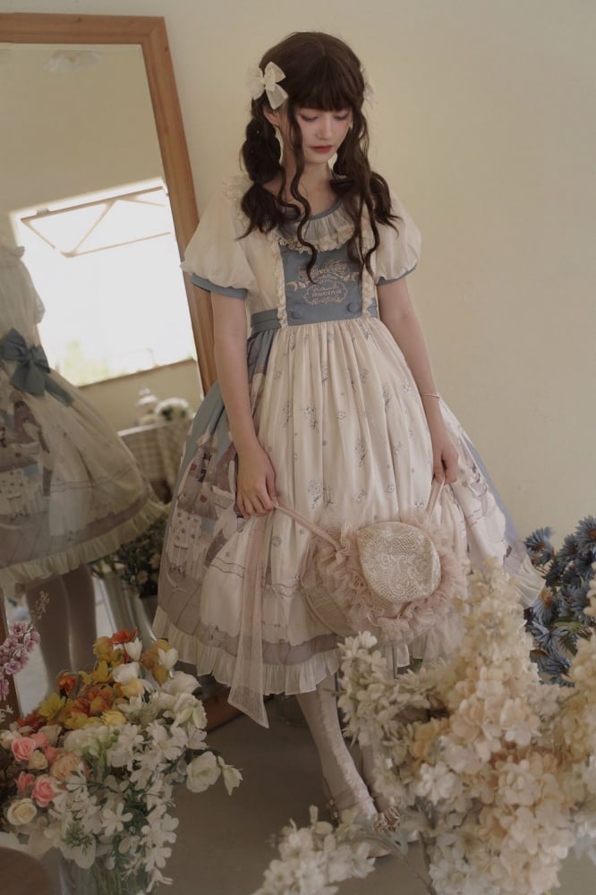 Spring Curtain Country Style Little Girl Print Embroidery Round Neck Bowknot Details Short Sleeves One Piece