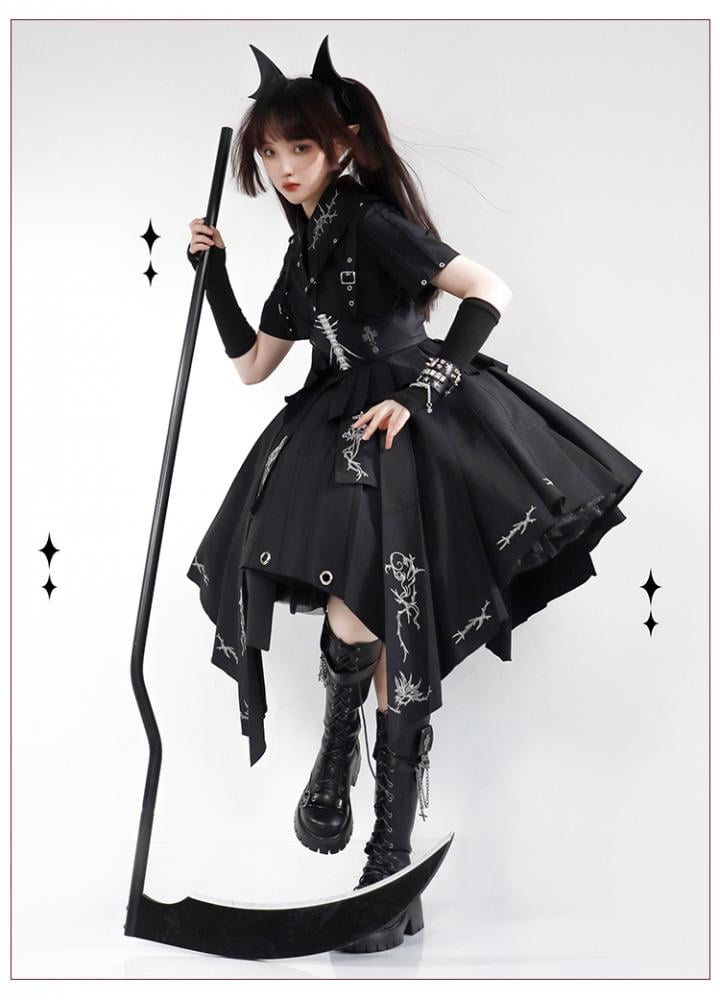 Thorns of Fog Color Black Cross and Thorns Embroidery Military Lolita OP