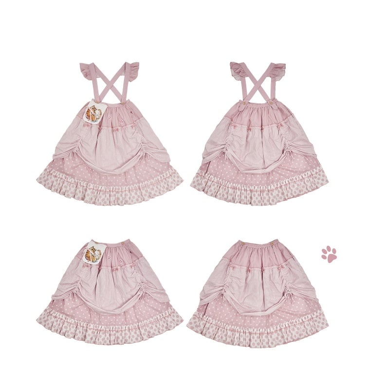 Pink / Blue Polka-dot Overalls Drawstring Hem