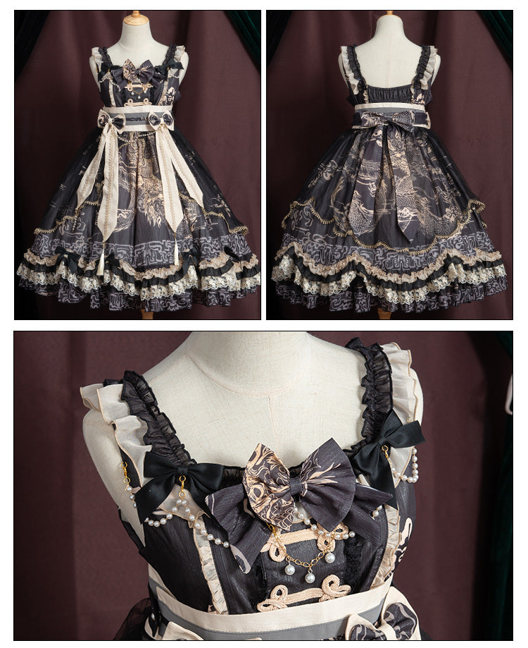 Black Chinoiserie Style Pattern Design Dragon Print Bowknot Details Jumper Skirt