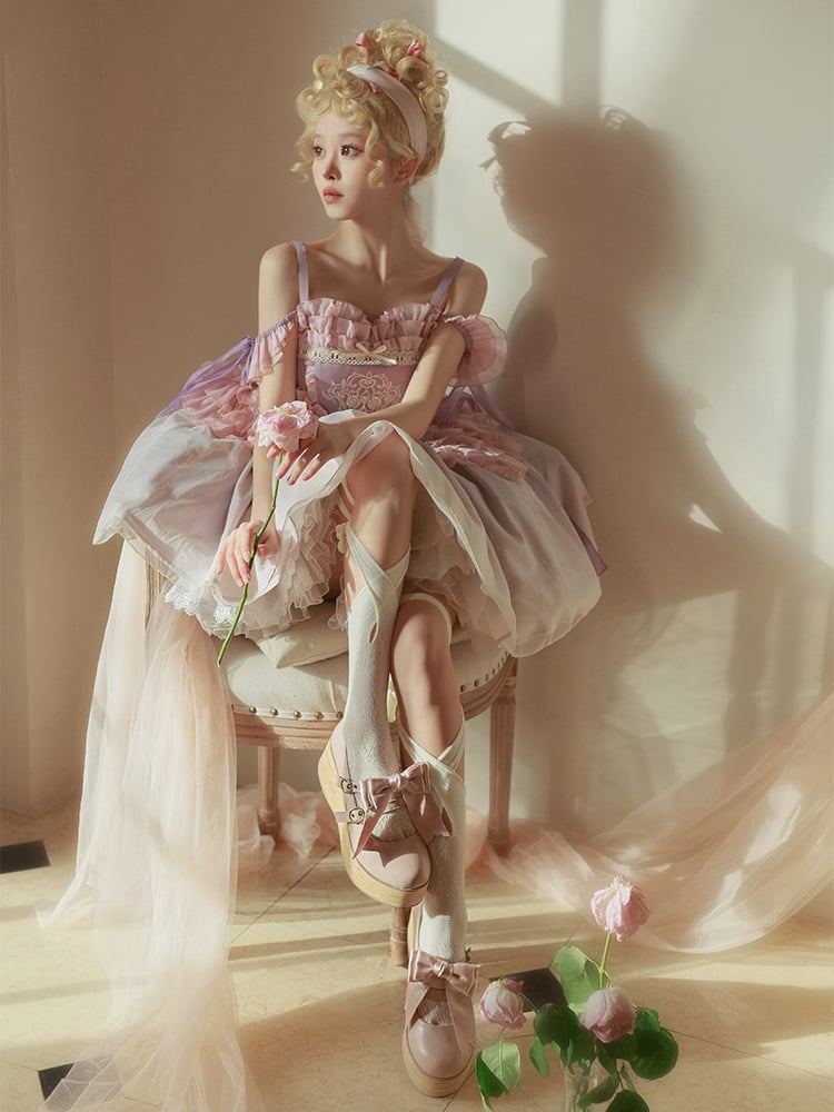 Thin Shoulder Straps Purple Ballet Ruffles Neckline Jumper Skirt