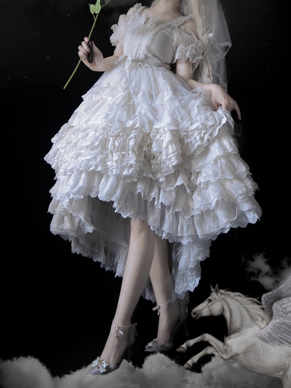 Off-the-shoulder Lace Patches Design Tiered Ruffle Hem Short Sleeves One Piece