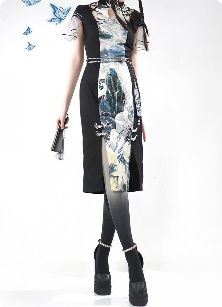 The Mountain Han Elements Banded Collar Cutout Detail Slit Dress