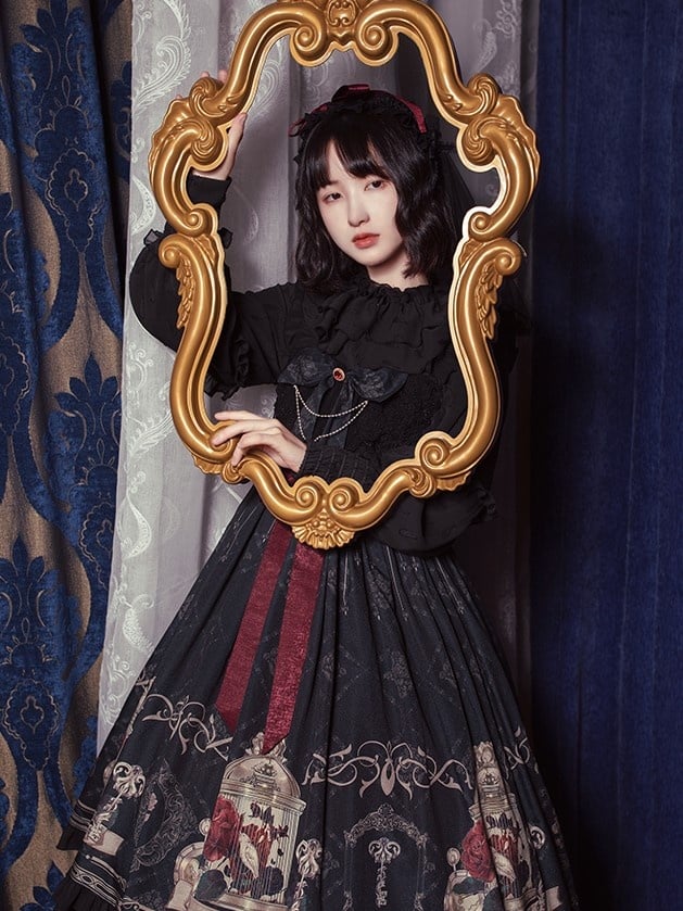 Nightingale and Rose Print Big Bow Ruffle Trim Lolita JSK