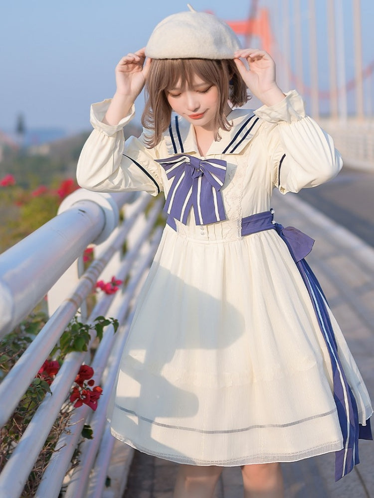 Sea Breeze Whispers Big Bow Ruffle Trim Long Sleeves One Piece