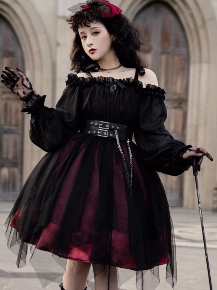 Vampire Wine Red Gothic One Piece with Black Pu Corset Belt