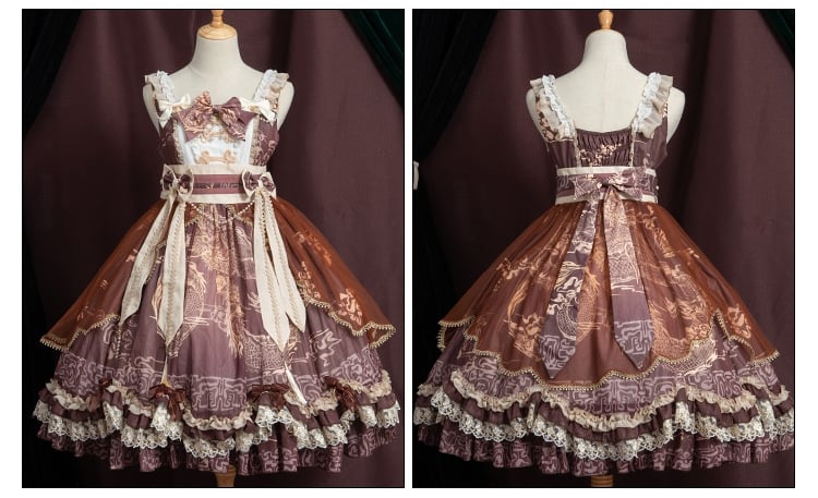 In Stock Chinoiserie Style Pattern Design Dragon Print Bowknot Details Jumper Skirt