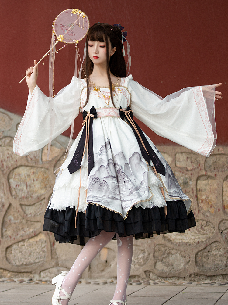In Stock Black and White Chinoiserie Mountains-and-waters Painting Print Long Sleeves One Piece