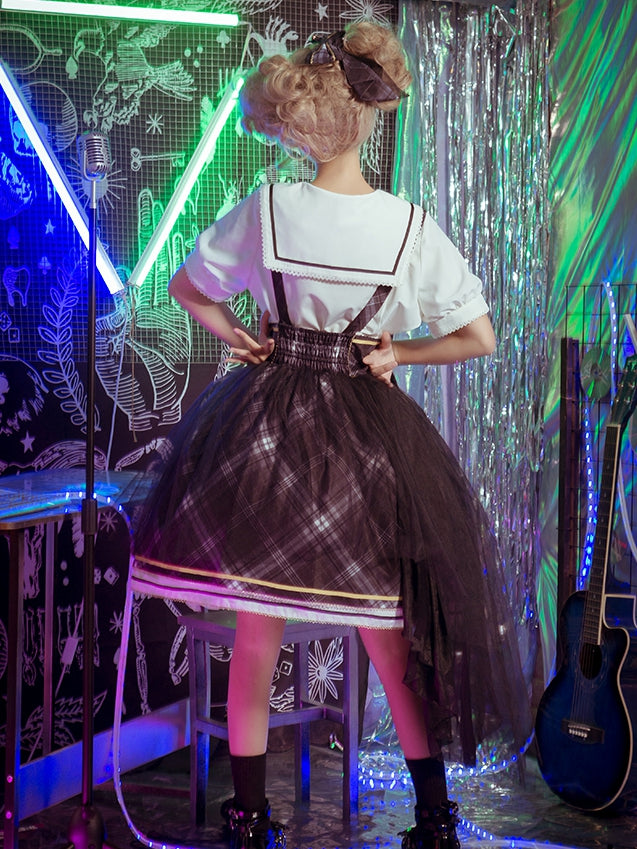 In Stock Plaid Tiered Flounce Hem Idol Overall Skirt+ White Shirt Set