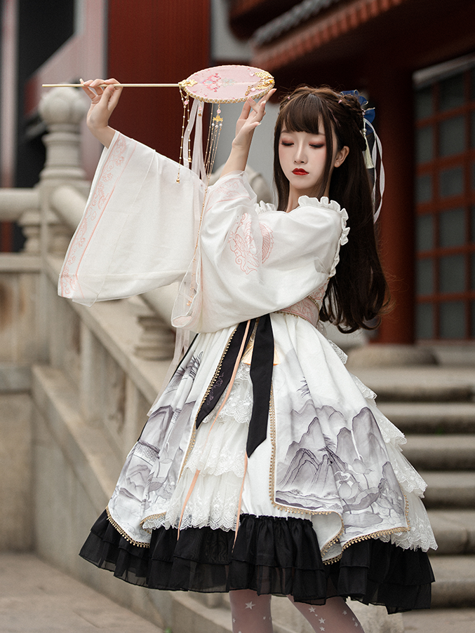 In Stock Black and White Chinoiserie Mountains-and-waters Painting Print Long Sleeves One Piece