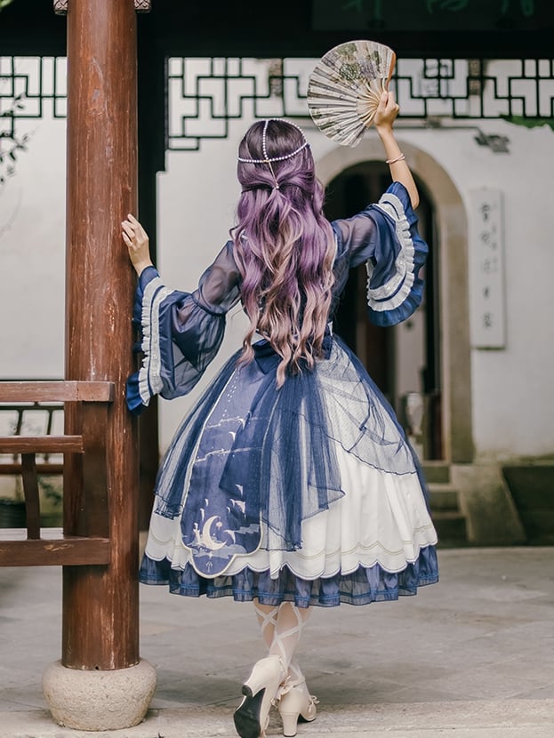 Night and Warbler Chinoiserie Style Han Lolita JSK+Long Flounce Bell Sleeves Blouse Set