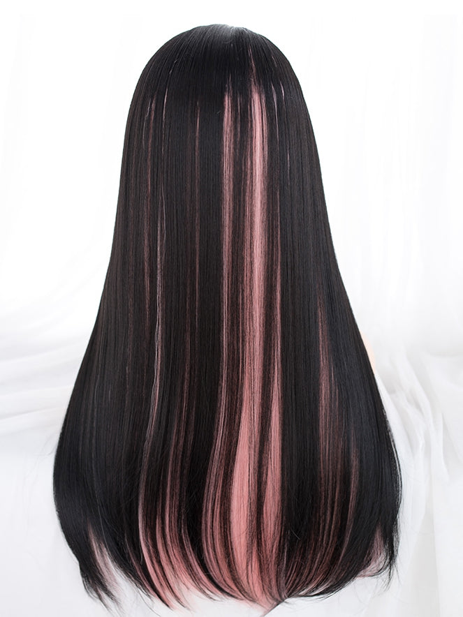 Pink Highlight Hair Color Black Medium Length Synthetic Straight Wig