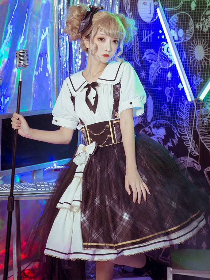 In Stock Plaid Tiered Flounce Hem Idol Overall Skirt+ White Shirt Set