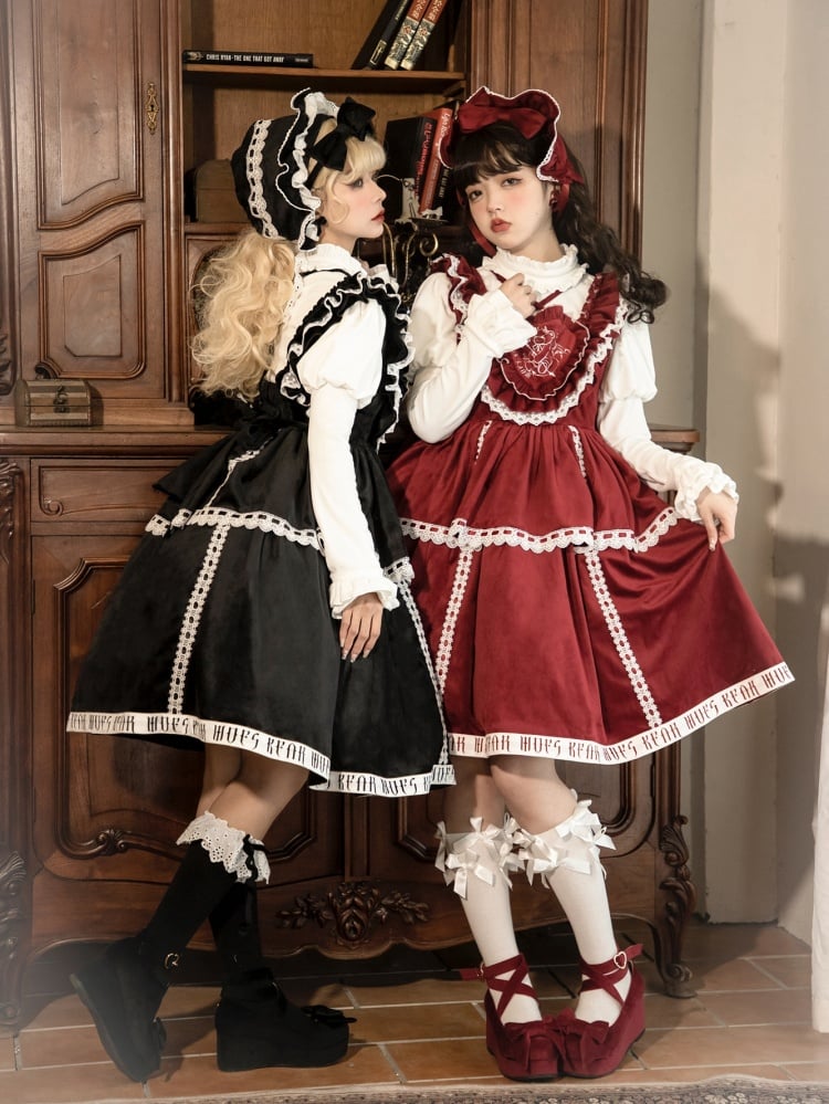 In Stock Runaway Bear Emboridery Heart-shaped Neckline Letter Print Hemline Velvet Jumper Skirt