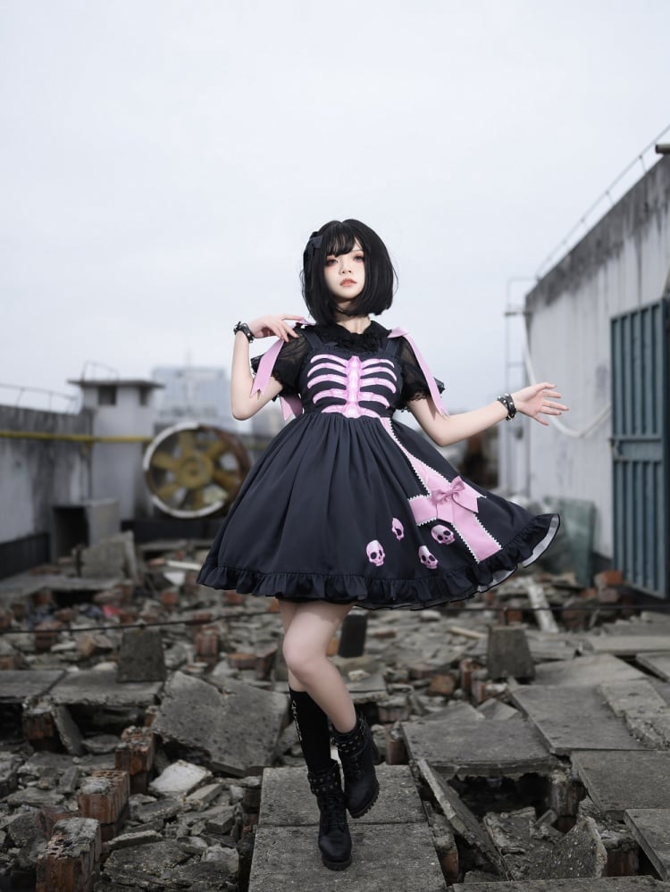 In Stock Dark Birdcage Skull Print Bowknot High Waist Lolita JSK
