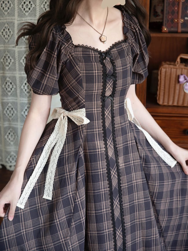 Plaid Pattern One Piece Short Sleeves Elegant Dress