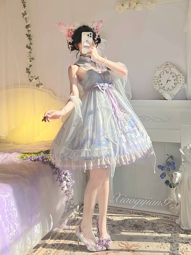 Purple Swan Castle Floral Print Banded Collar Ruffle Hemline Lolita JSK
