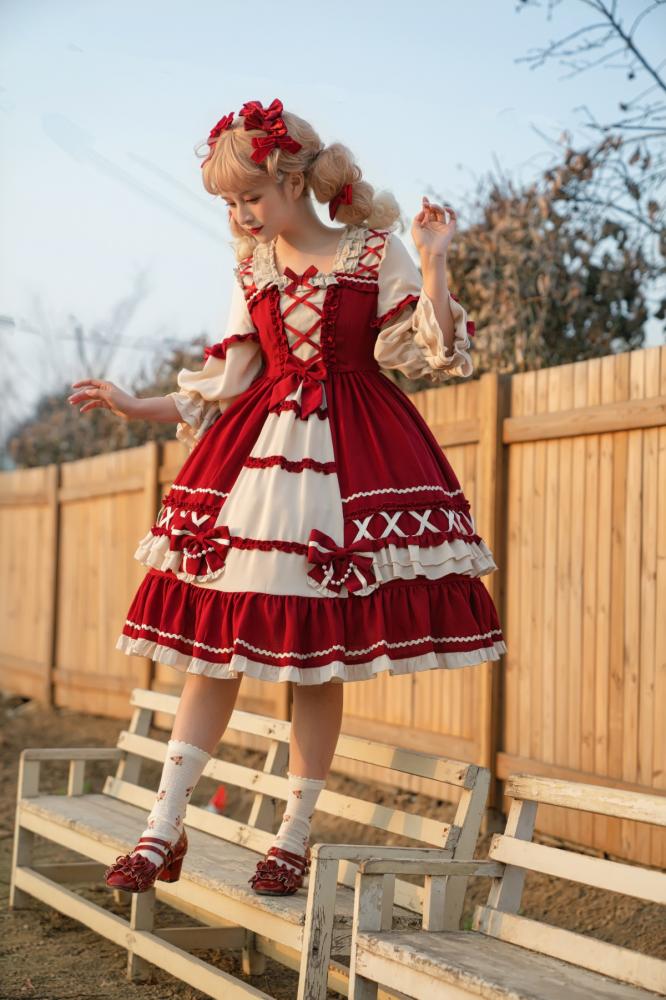 Wine Red Bowknot Details One Piece Snow White Dress/Full Set Square Neckline