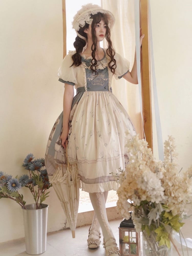 Spring Curtain Country Style Little Girl Print Embroidery Round Neck Bowknot Details Short Sleeves One Piece