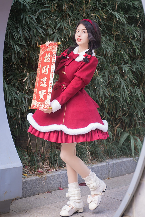 New Year Red and White Plush Trim Flounce Hemline Jumper Skirt