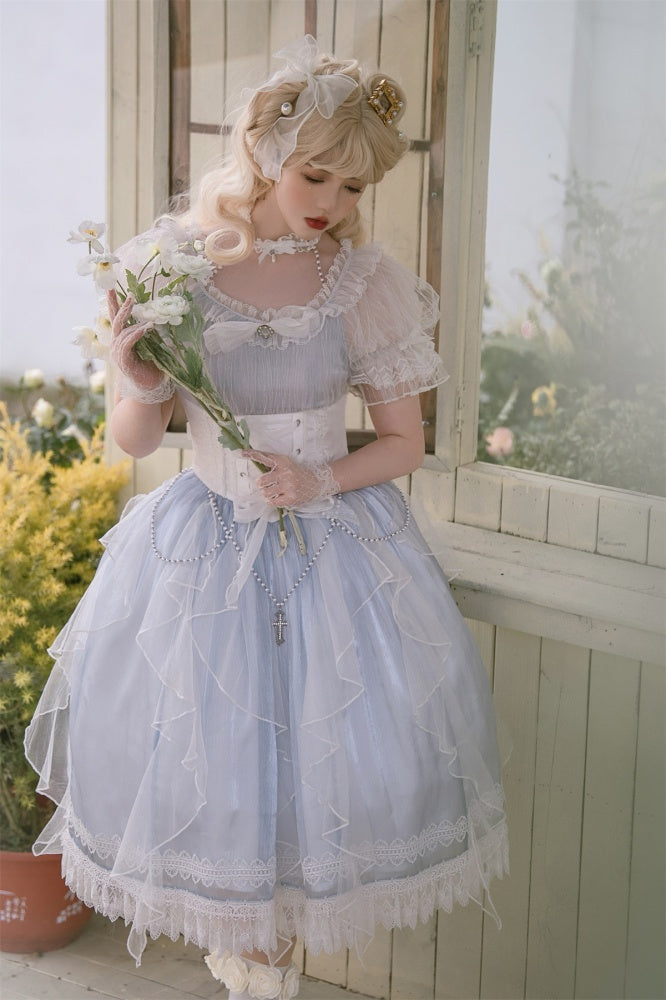 Mermaid Tears One Piece Halter Neck Puff Sleeves Tiered Skirt and Ruffle Trim
