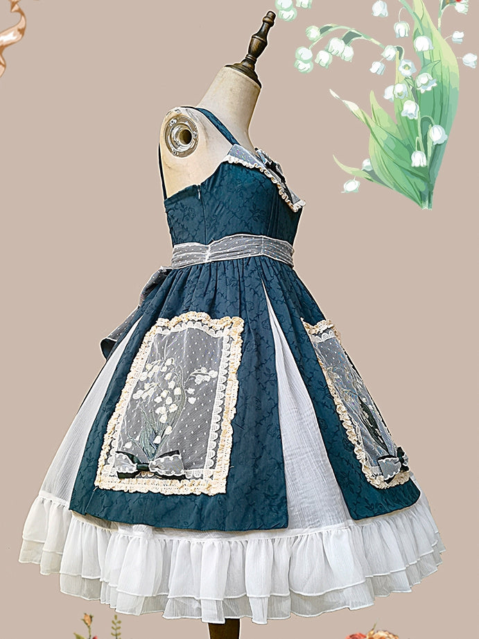 Lily of the Valley Color Dark Green Bowknot Details HIgh Waist JSK