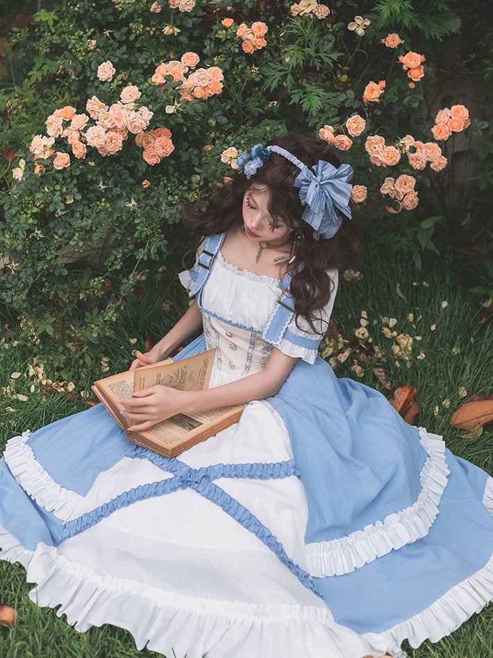 Square Neckline Rose Embroidery Waist Blue and White One Piece