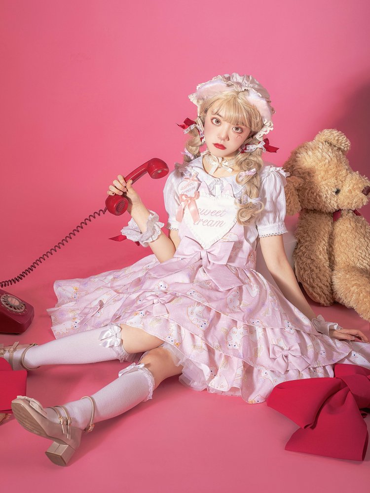 In Stock Kitty Print Bowknot Details Tiered Ruffle Hem Overall Dress