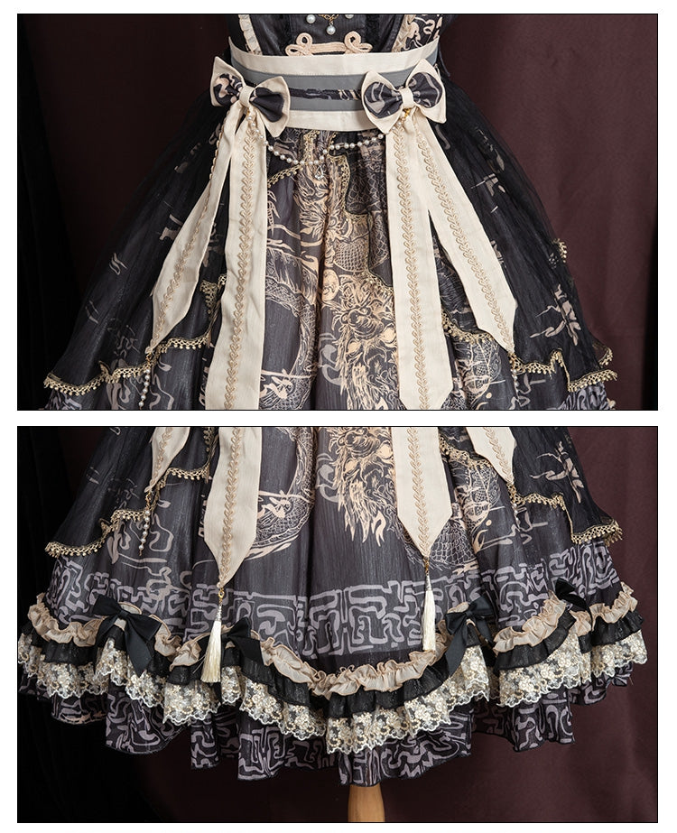 Black Chinoiserie Style Pattern Design Dragon Print Bowknot Details Jumper Skirt