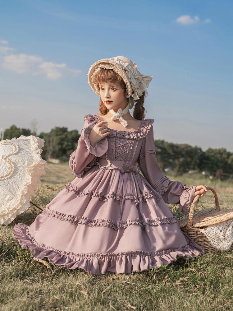 Square Neckline Smocked Elastic Front Bodice Ruffle Hemline Long/Short Sleeves Lolita OP