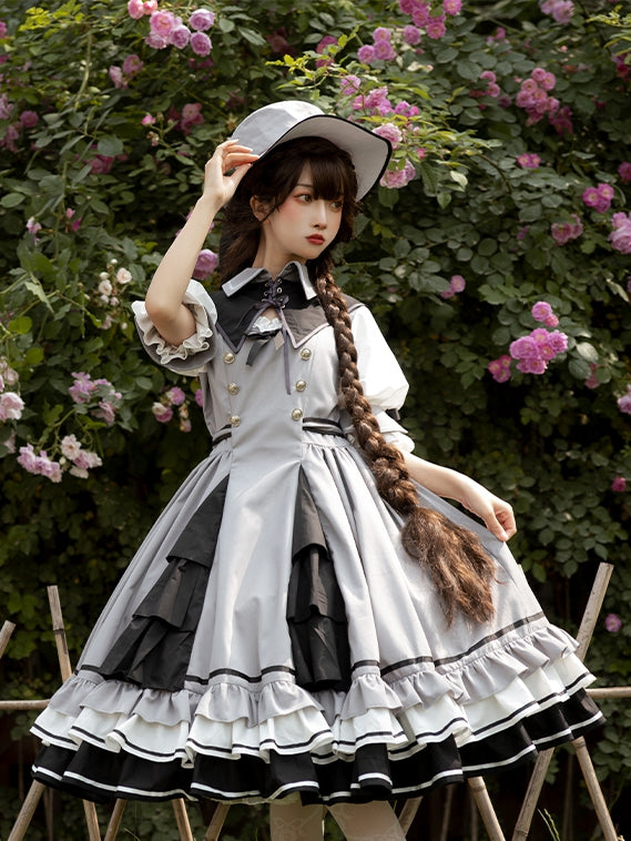 In Stock Black White Gray Tiered Ruffle Hemline Short Sleeves Lolita OP