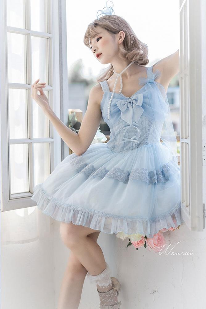 Clearance-Size L for Bust 90-100CM Bright Moon Light Blue Bowknot Details Sweetheart Neckline Jumper Skirt
