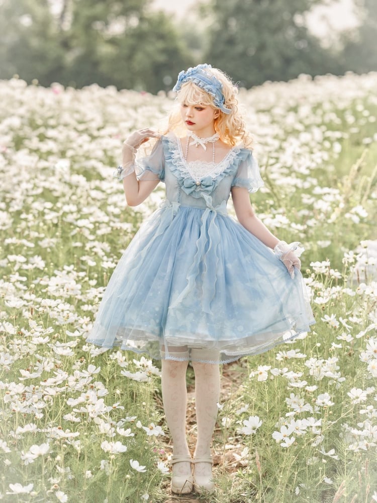 Sweet Bowknot Details Ruffle Neckline Beads Halter Neck Short Puff Sleeves One Piece