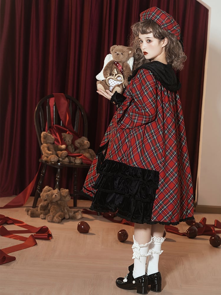 Star of Freedom and Courage Red Plaid Pattern Peter Pan Collor Long Sleeves One Piece