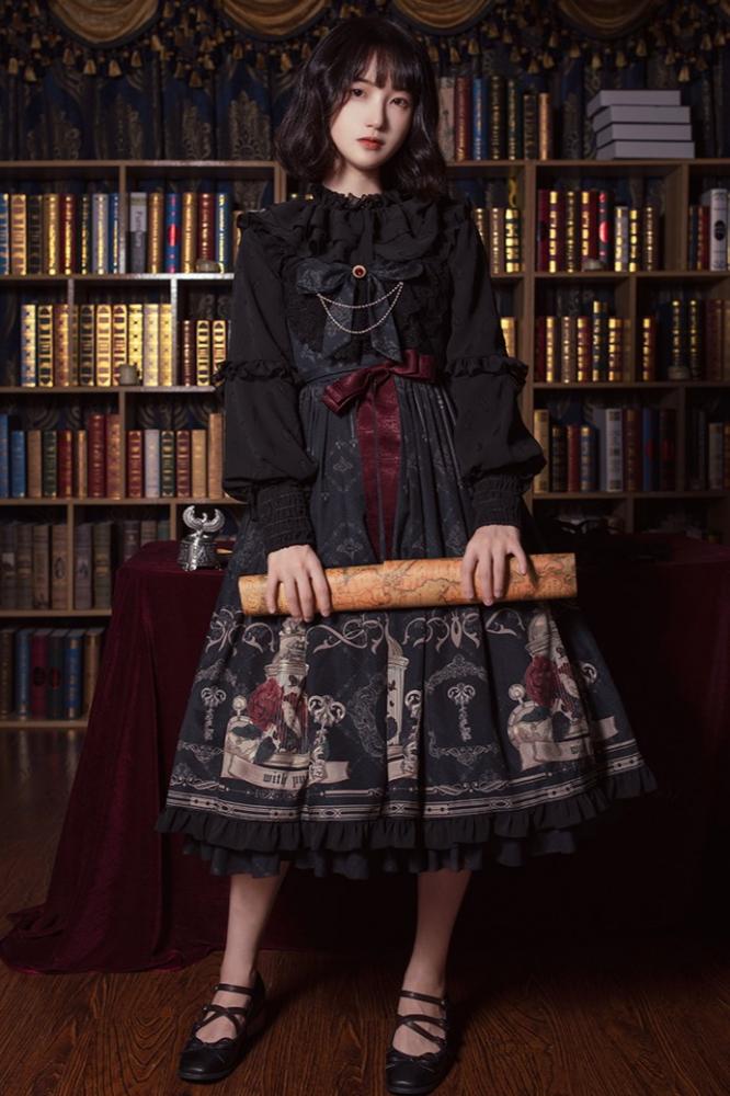 Nightingale and Rose Print Big Bow Ruffle Trim Lolita JSK