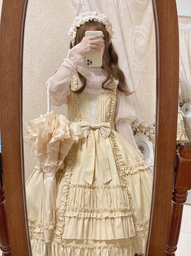 Doll Story Bowknot Details Natural Waist Ruffle Hem Jumper Skirt
