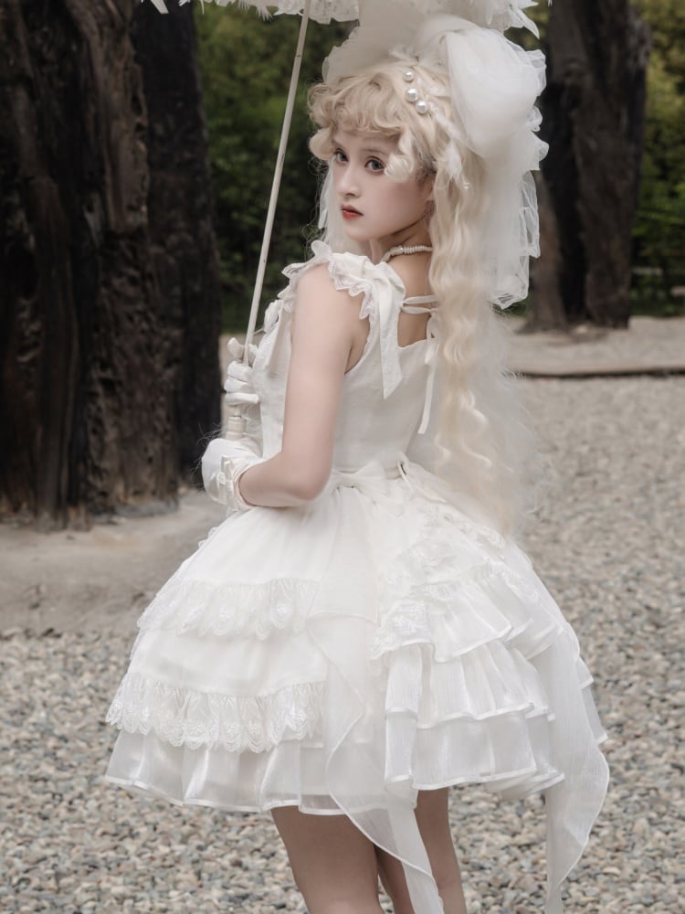 White Ruffle Hem Thin Shoulder Straps Jumper Skirt + Waistcoat Set