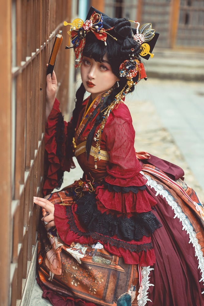 In Stock Fantasy Night Story Japanese Style Print Flounce Hem High Waist Wa Lolita JSK