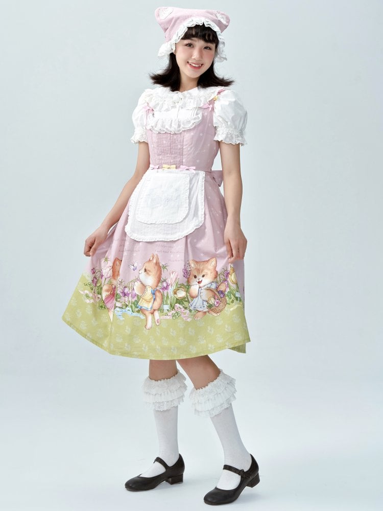 Pink Cat Print Lace Trim Bowknot Details Jumper Skirt