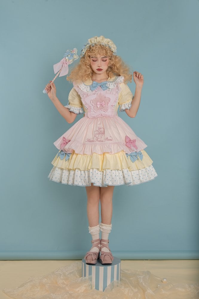 Little Twin Stars Bowknot Details Ruffle Trim Short Sleeves One Piece Color Yellow