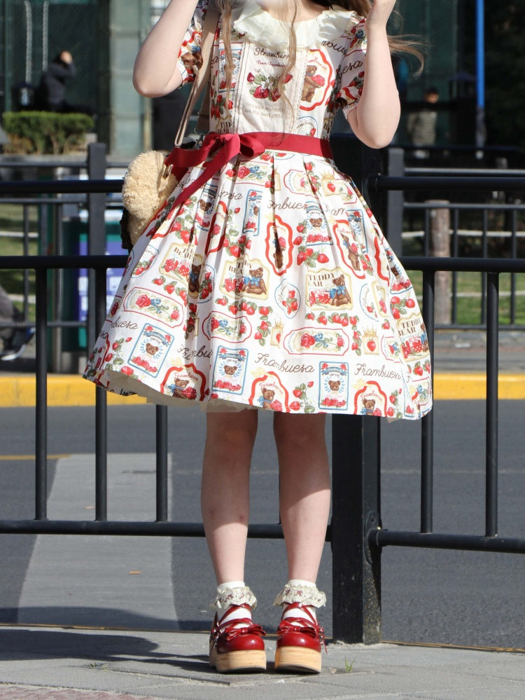 Kano Beige Starwberry Embroidery Bear Print Round Neckline Short Sleeves One Piece