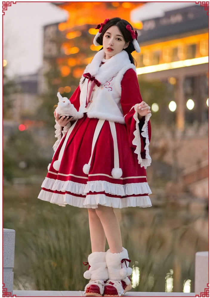 New Year Red and White Plush High Neck Ruffle Hemline Long Sleeves One Piece