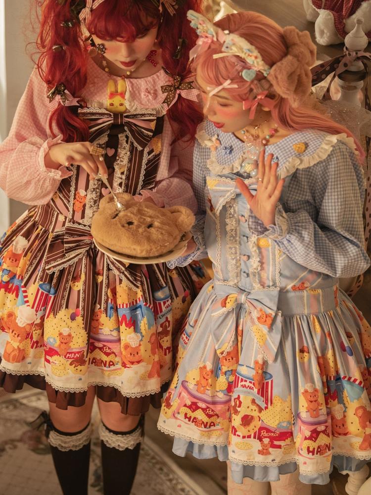 Little Bear and Pot Built-in Petticoat Bear and Biscuit Print Overalls