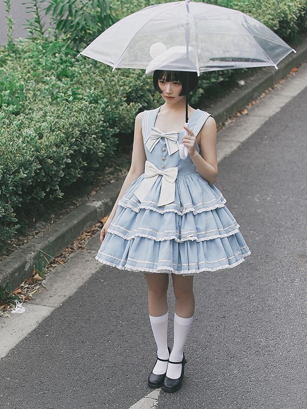 Untitled Sea Breeze Light Blue Sailor Lolita Tiered Skirt Jumper Skirt
