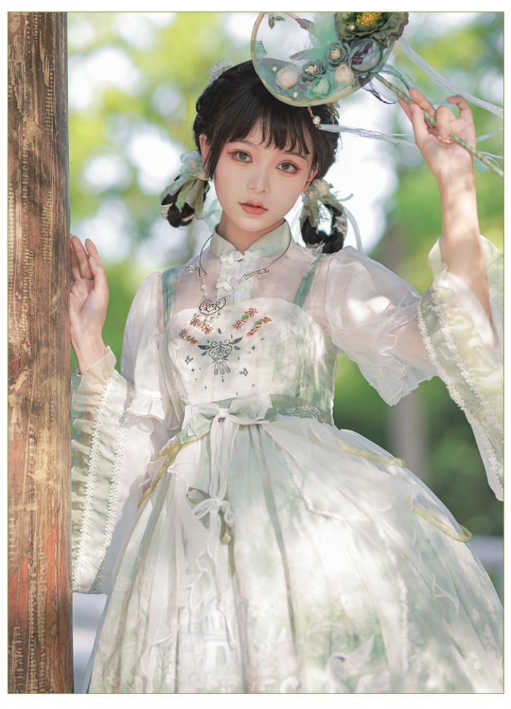 Swan Castle Print Green Qi Style Jumper Skirt/Full Set Embroidery Ruffle Hem