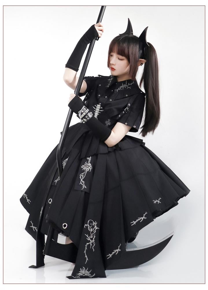 Thorns of Fog Color Black Cross and Thorns Embroidery Military Lolita OP