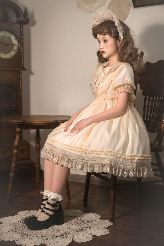 Warm Breeze Into String Peter Pan Collar High Waist Short Sleeves Lolita OP