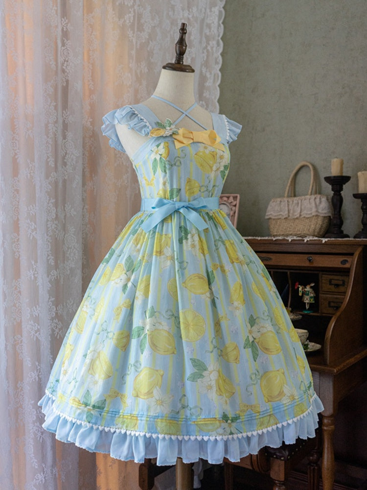Lemon Print Summer Dress Yellow and Blue Sweet Jumper Skirt
