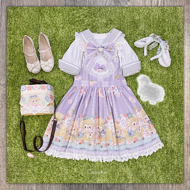 Lamb Print Bowknot Details Jumper Skirt